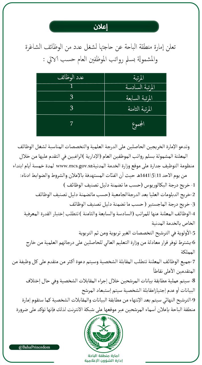 إمارة منطقة الباحة تعلن عن وظائف على سلم رواتب الموظفين العام صحيفة وظائف الإلكترونية